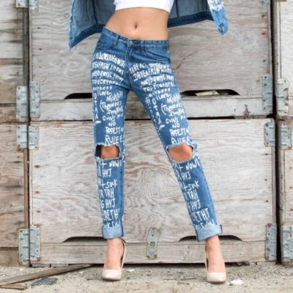 Boutique Jeans Graffiti Print Distressed Boyfriend Poshmark